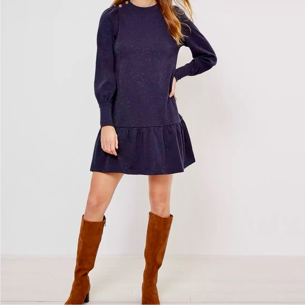 LOFT Shimmer Shoulder Button Flounce Sweater Dress XS/S